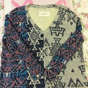 Anthropologie V-Neck Aztec Sweater in Blue and Cream